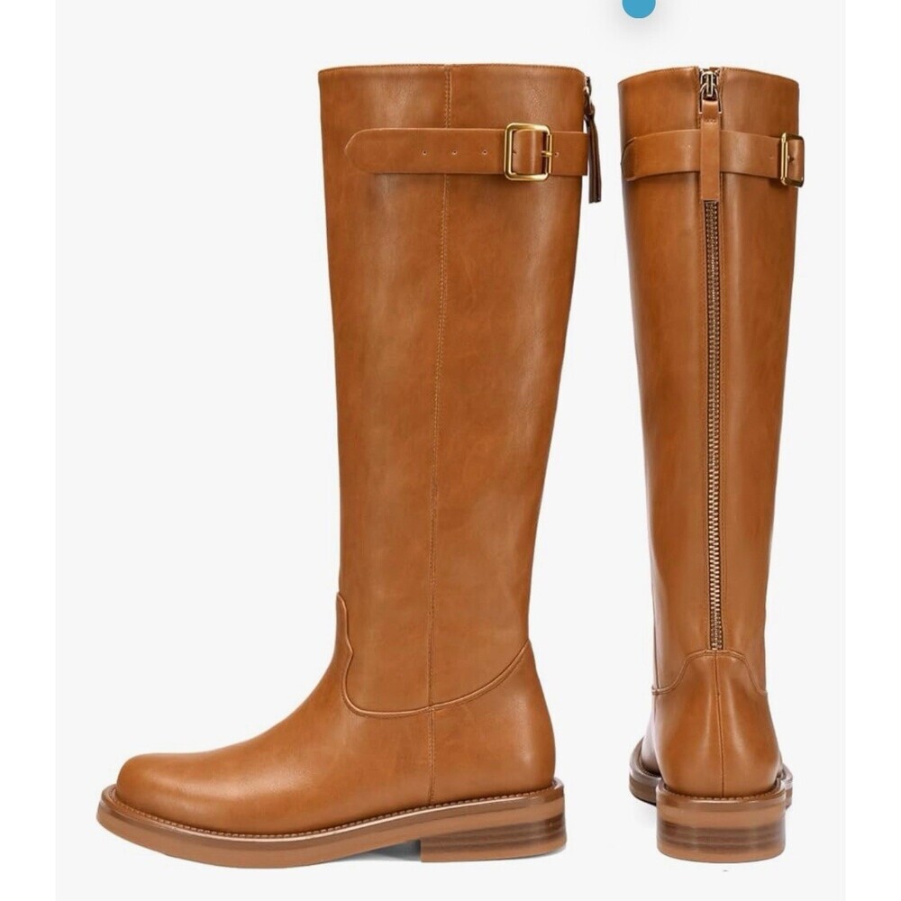Women's Knee High Boots low Heel Brown Back Zipper and Buckle Size 8 NiB